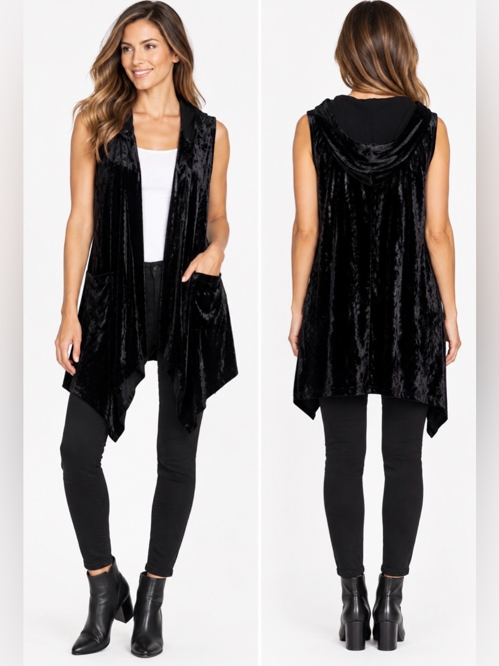 NEW! LOGO Lori Goldstein Open Front Velvet Cardigan Vest Hooded Black SZ S